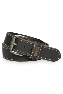 Gürtel aus Leder mit Kontrastnaht und Logo-Plakette black