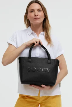 Henkeltasche mit Logo und Intarsia-Webriemen black