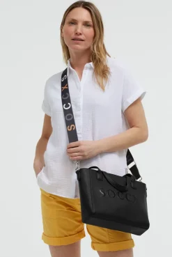 Henkeltasche mit Logo und Intarsia-Webriemen black