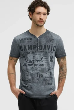 Henley-Shirt Oil Dyed mit Frontprint black
