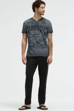 Henley-Shirt Oil Dyed mit Frontprint black