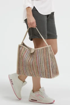 Hobo Bag im Häkel-Design mit Intarsia-Webriemen pink / aqua