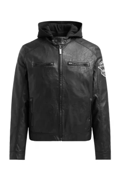 Jacke aus Kunstleder mit abknöpfbarer Sweatkapuze black / black
