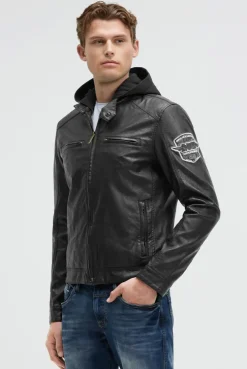 Jacke aus Kunstleder mit abknöpfbarer Sweatkapuze black / black