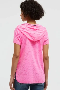 Kapuzenshirt mit Ausbrenner-Effekten und Artwork neon magenta | S