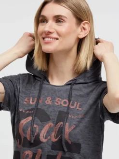 Kapuzenshirt mit Ausbrenner-Effekten und Print charcoal mist