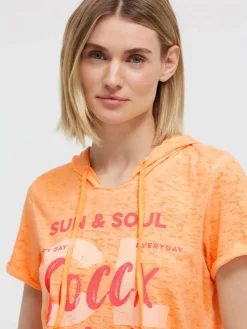Kapuzenshirt mit Ausbrenner-Effekten und Print neon apricot