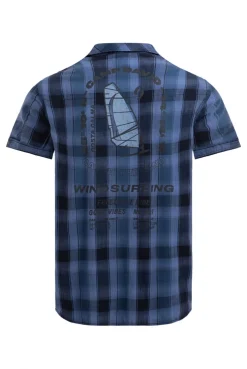 Karohemd Kurzarm mit Klappentaschen und Back - Print harbour blue