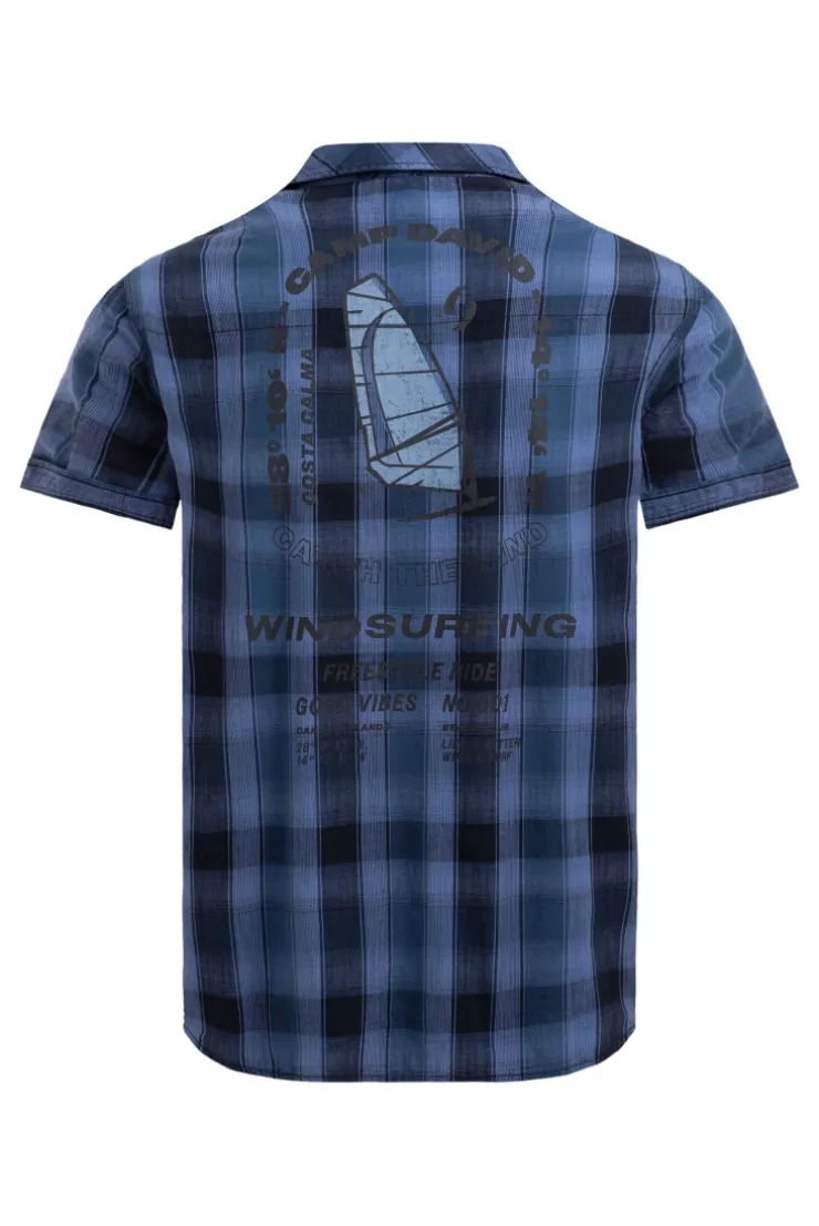 Karohemd Kurzarm mit Klappentaschen und Back - Print harbour blue