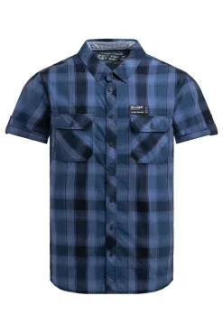 Karohemd Kurzarm mit Klappentaschen und Back - Print harbour blue