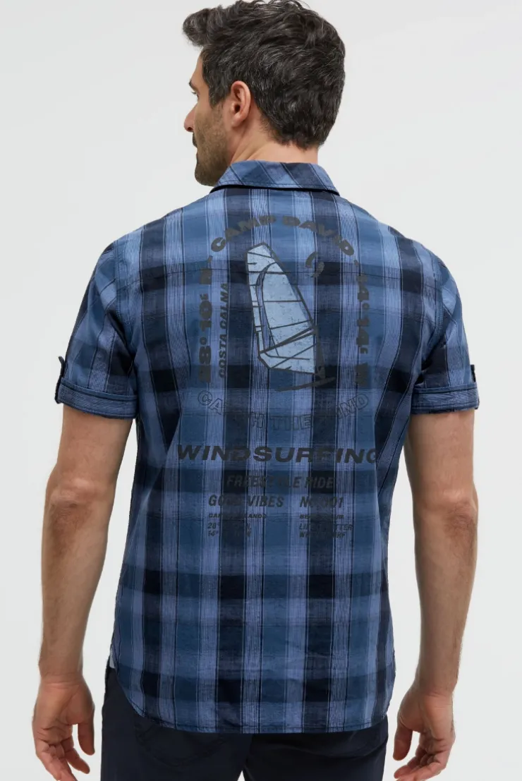 Karohemd Kurzarm mit Klappentaschen und Back - Print harbour blue