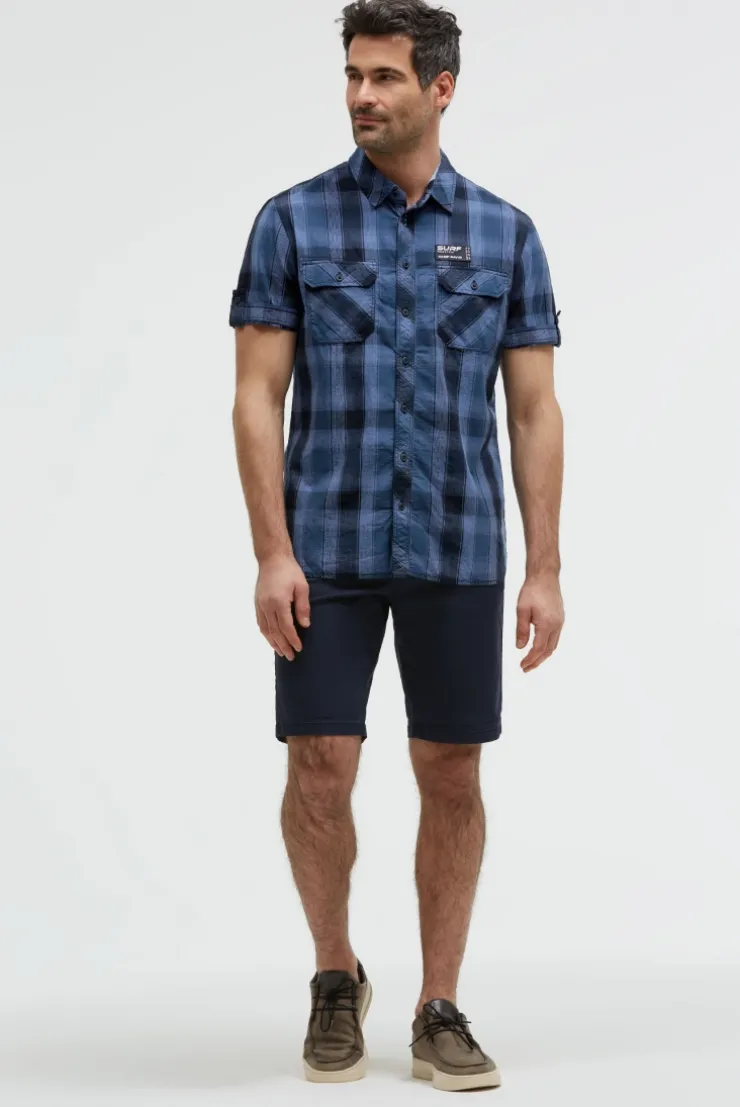 Karohemd Kurzarm mit Klappentaschen und Back - Print harbour blue