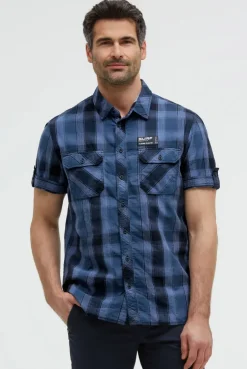 Karohemd Kurzarm mit Klappentaschen und Back - Print harbour blue
