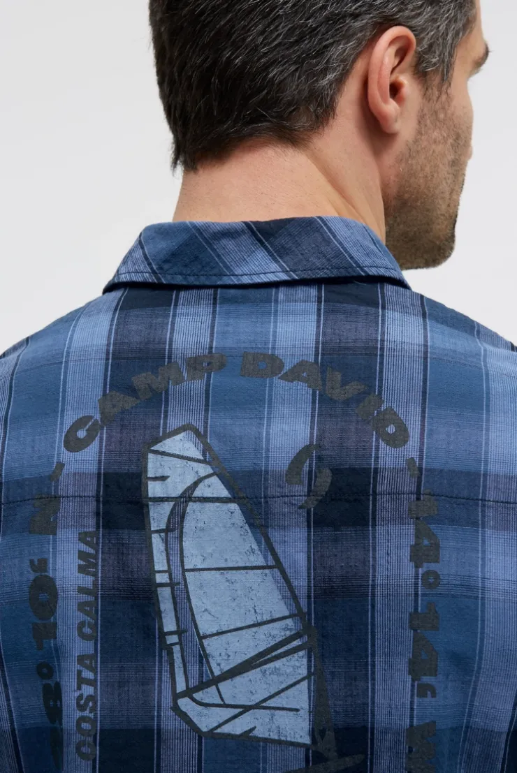 Karohemd Kurzarm mit Klappentaschen und Back - Print harbour blue