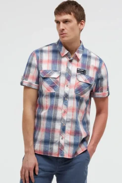Karohemd Kurzarm mit Klappentaschen und Back-Print flame orange