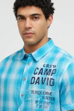 Karohemd Kurzarm mit Logo Print und Stickereien aqua
