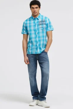 Karohemd Kurzarm mit Logo Print und Stickereien aqua