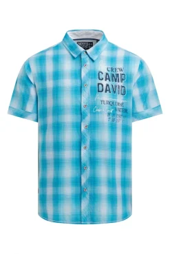 Karohemd Kurzarm mit Logo Print und Stickereien aqua