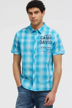 Karohemd Kurzarm mit Logo Print und Stickereien aqua