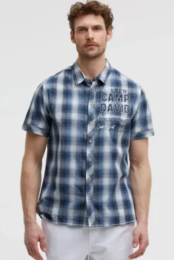 Karohemd Kurzarm mit Logo Print und Stickereien harbour blue