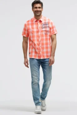 Karohemd Kurzarm mit Logo Print und Stickereien flame orange