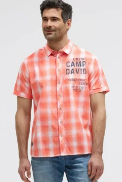 Karohemd Kurzarm mit Logo Print und Stickereien flame orange
