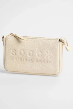 Kleine Umhängetasche mit Logo und Intarsia-Webriemen old sand