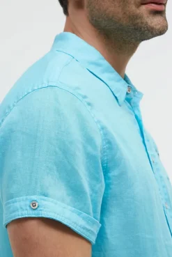 Kurzarmhemd aus Leinen mit Logo Prints aqua