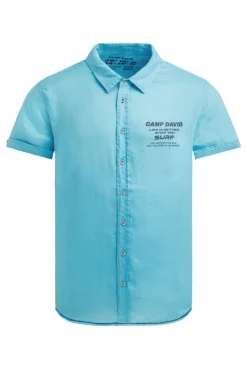 Kurzarmhemd aus Leinen mit Logo Prints aqua