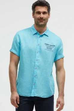 Kurzarmhemd aus Leinen mit Logo Prints aqua