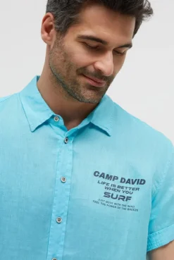 Kurzarmhemd aus Leinen mit Logo Prints aqua
