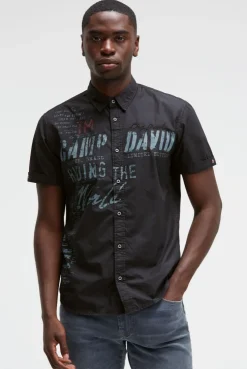 Kurzarmhemd mit Label Prints und Stickereien black