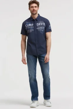 Kurzarmhemd mit Webstreifen und Artworks blue navy