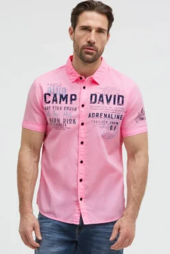 Kurzarmhemd mit Webstreifen und Artworks neon pink