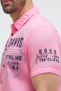 Kurzarmhemd mit Webstreifen und Artworks neon pink