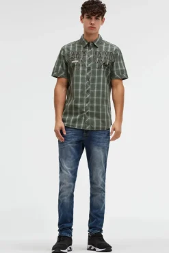 Kurzarm Karohemd mit Logo-Applikationen dusty green