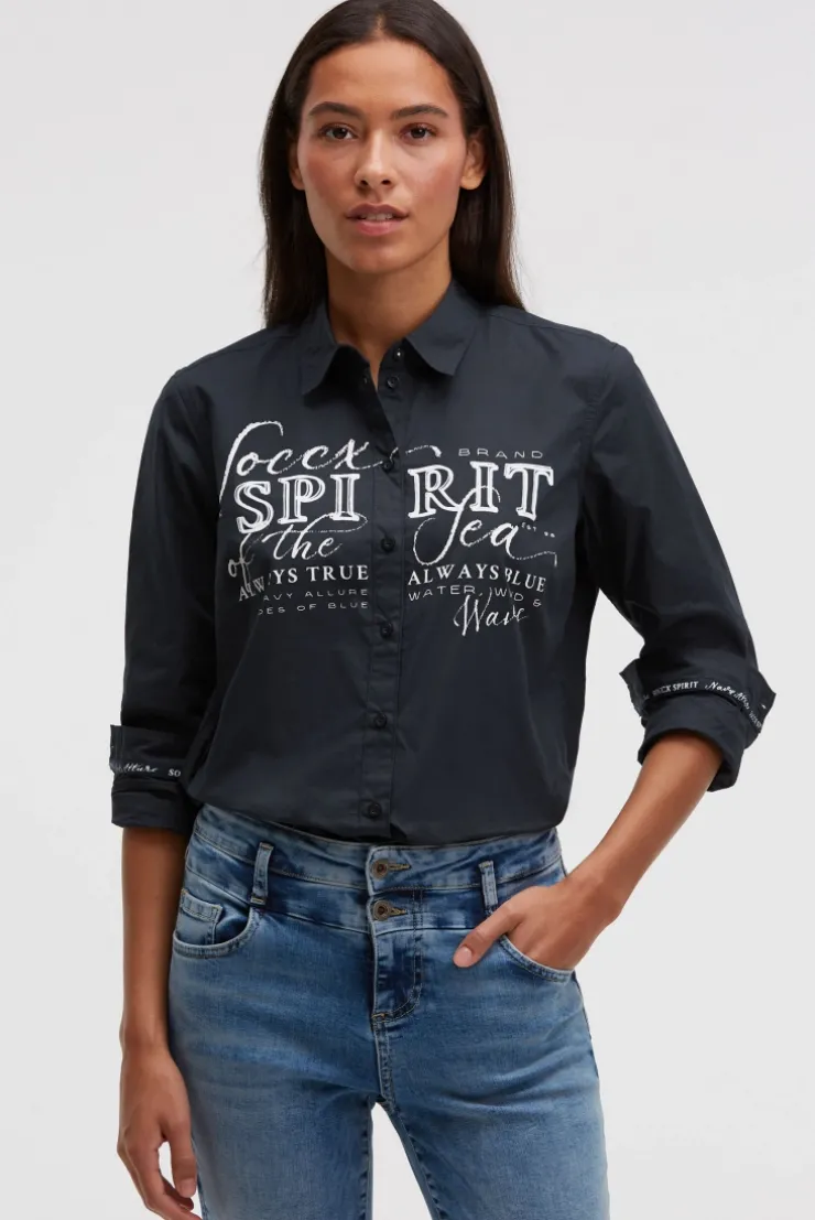 Langarmbluse mit Logo-Flock-Print blue navy