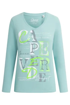 Langarmshirt mit V-Ausschnitt und Wording Print misty mint