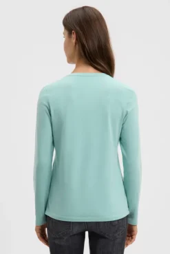 Langarmshirt mit V-Ausschnitt und Wording Print misty mint