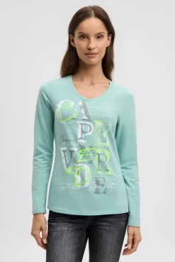 Langarmshirt mit V-Ausschnitt und Wording Print misty mint
