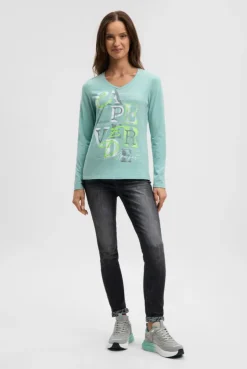 Langarmshirt mit V-Ausschnitt und Wording Print misty mint
