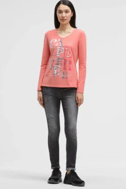 Langarmshirt mit V-Ausschnitt und Wording Print apricot sunset