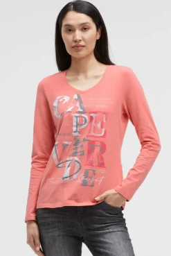 Langarmshirt mit V-Ausschnitt und Wording Print apricot sunset