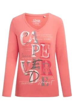 Langarmshirt mit V-Ausschnitt und Wording Print apricot sunset