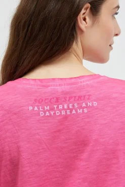 Langes T-Shirt mit Seitenraffung und Print neon magenta