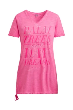 Langes T-Shirt mit Seitenraffung und Print neon magenta