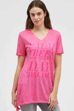 Langes T-Shirt mit Seitenraffung und Print neon magenta