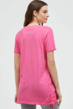 Langes T-Shirt mit Seitenraffung und Print neon magenta