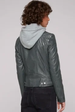 Lederjacke im Biker-Stil mit Kapuzeneinsatz dark green | S