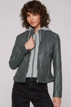 Lederjacke im Biker-Stil mit Kapuzeneinsatz dark green | S